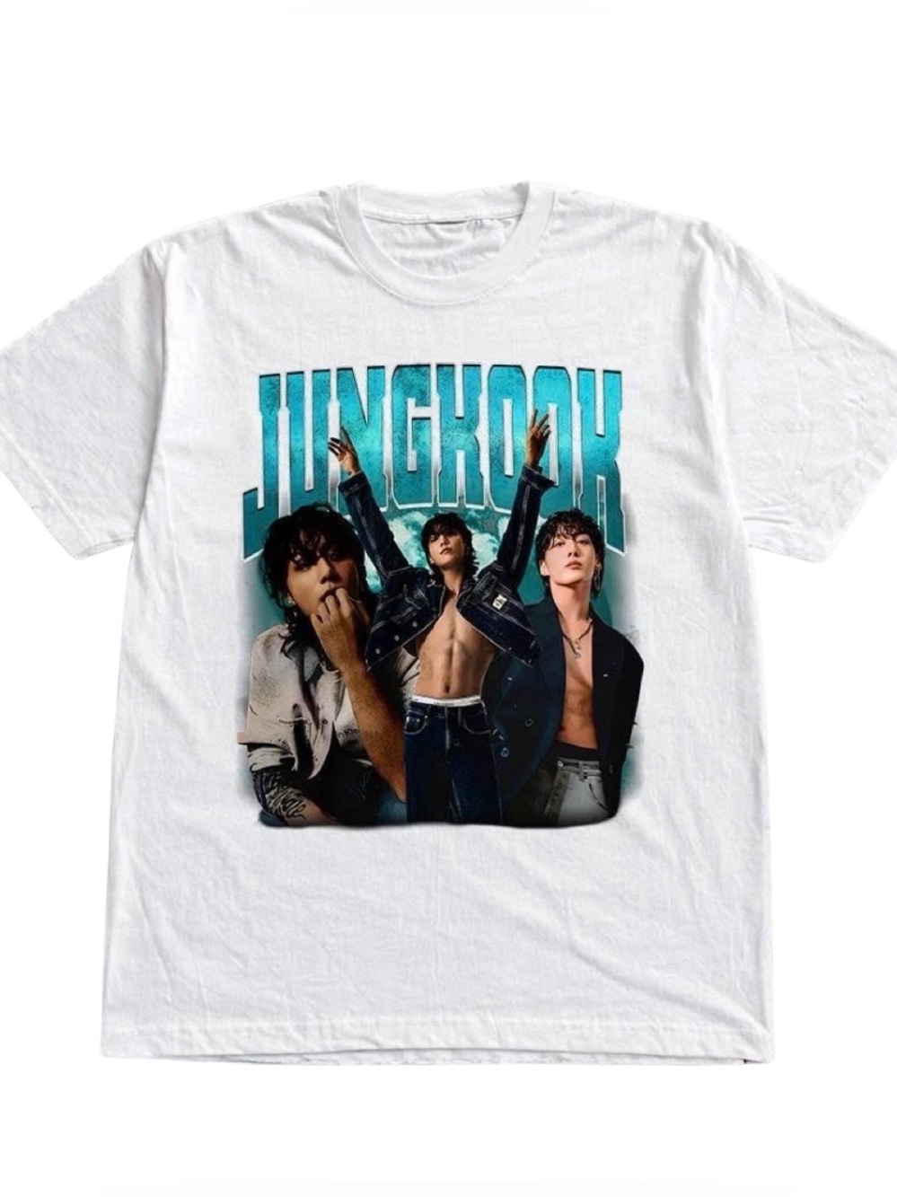White Jungkook BTS Graphic Tee with Blue Lettering and Photo Print Gift For Fan